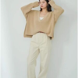 Women's 310Mood x Ninido U Neck Oversized Essential Beige Sweater Size Small
